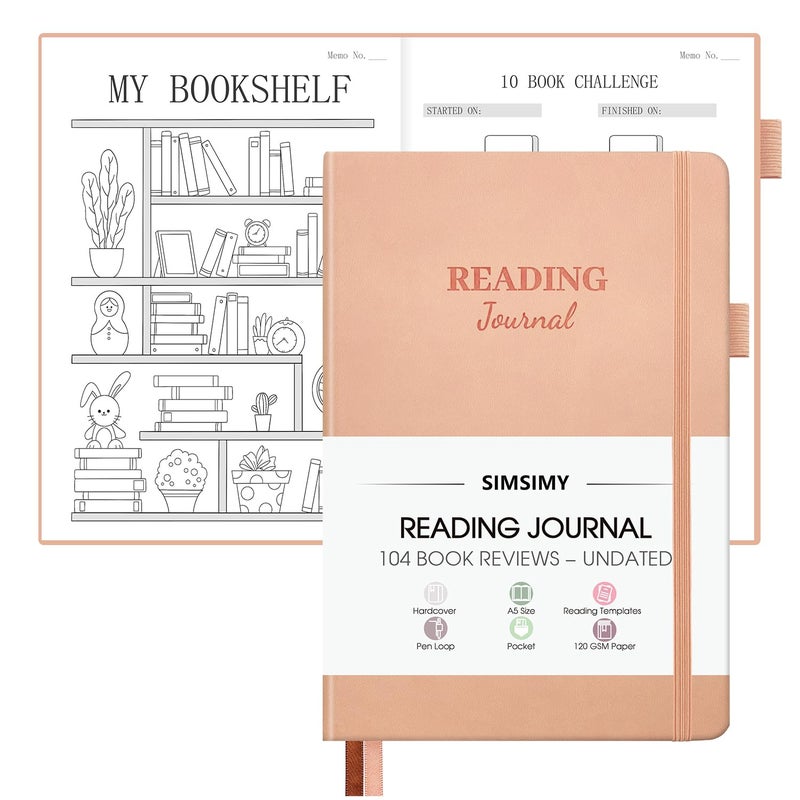 SIMSIMY Reading Journal with 104 Book Reviews  Book Journal for Book Lovers & Readers - Book Reviews & Reading Tracker & Reading List Challenge  Fillable Reading Log Notebook with Back Pocket & Pen Loop  A5 - Image 1